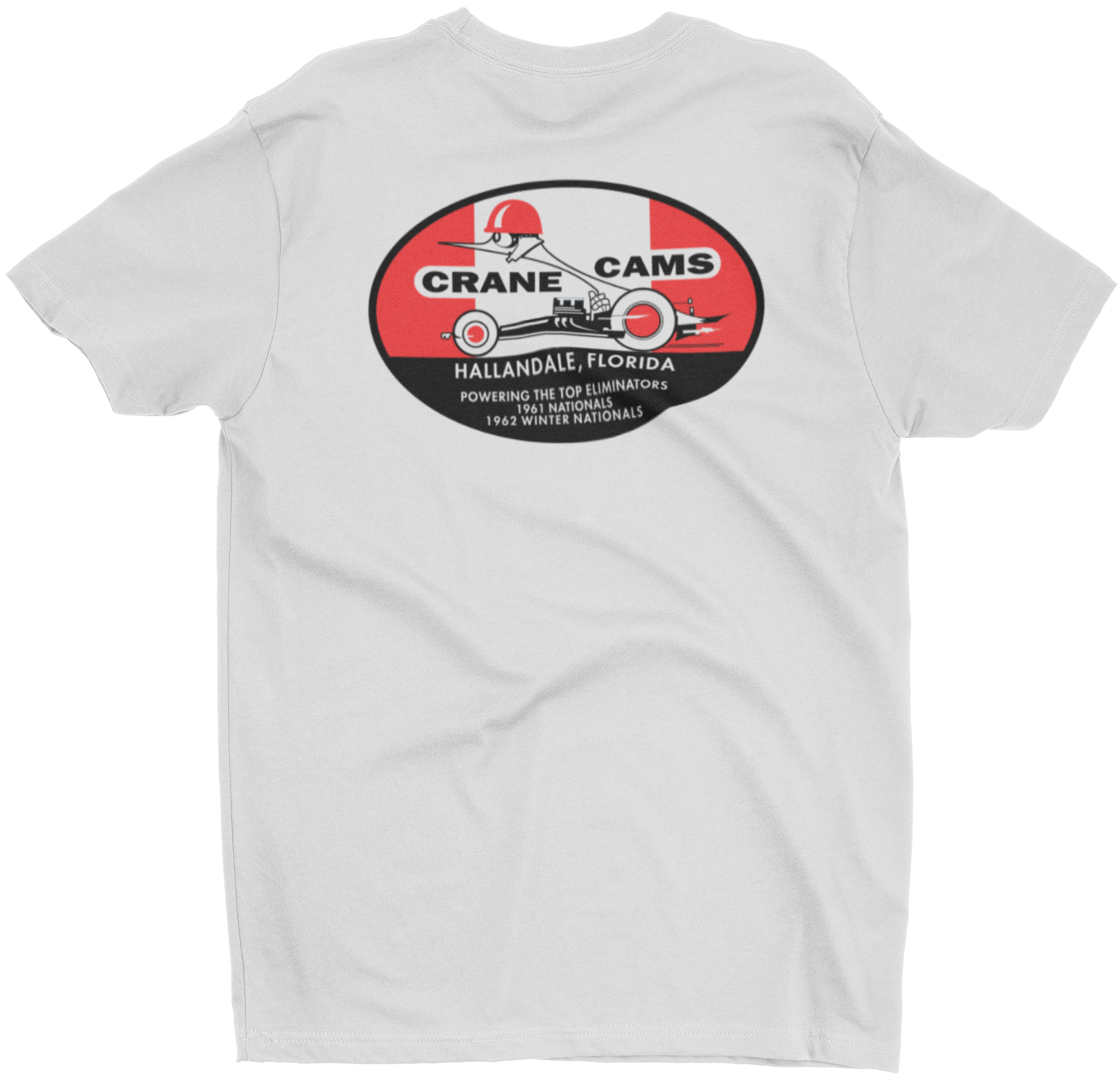 トップス BOOTLEGGERS crane cams Indianapolis CRANE CAMS 1962 Eliminator Logo White Tall Tee T-Shirt – Merchants
