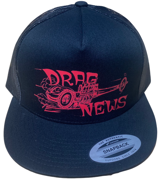 DRAG NEWS Dragster Logo Flat Brim Black Trucker Hat