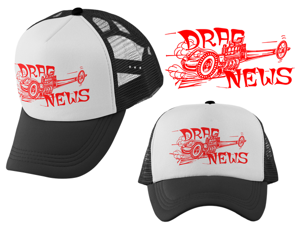 DRAG NEWS Dragster White Black Trucker Hat Vintage Logo