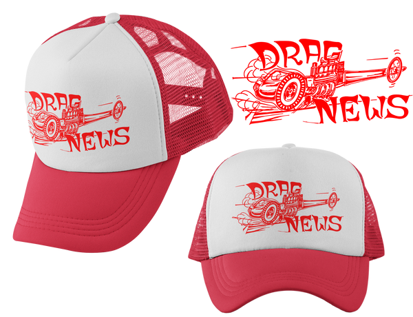 DRAG NEWS Dragster Red White Trucker Hat Vintage Logo