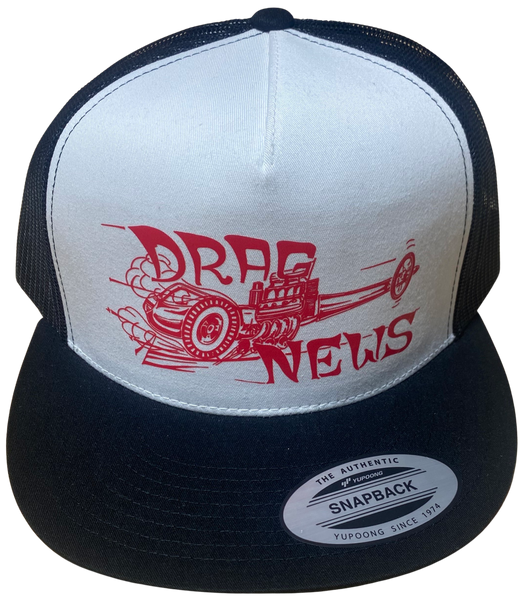 DRAG NEWS Dragster Logo Flat Brim White Black Trucker Hat