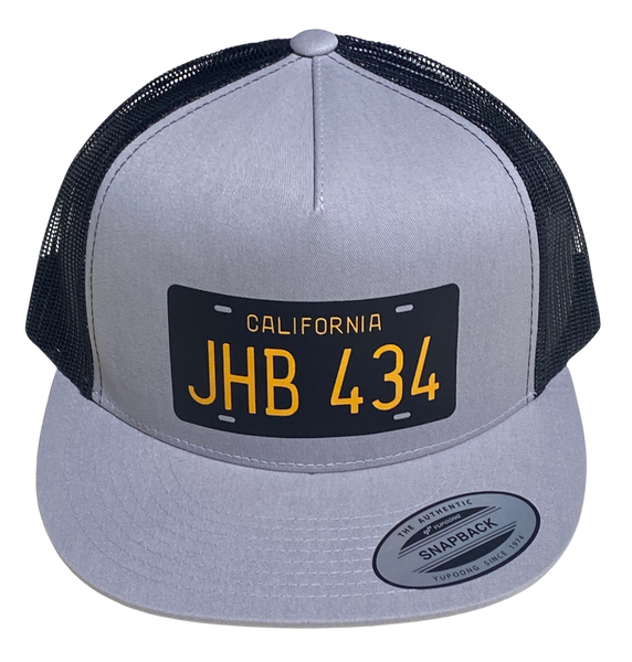 JHB434 TWO-LANE BLACKTOP '55 Chevy Lic. Plate Silver Black Trucker Hat