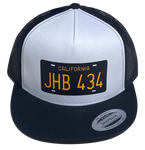 JHB434 TWO-LANE BLACKTOP '55 Chevy Lic. Plate White Black Trucker Hat (Copy)