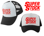 SUPER STOCK & Drag Illustrated White Black Curved Brim Trucker Hat
