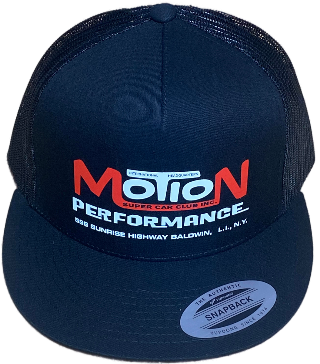 MOTION PERFORMANCE Baldwin NY Black Flat Brim Trucker Hat – Merchants ...