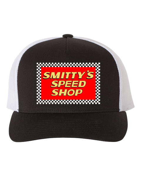 SMITTY'S SPEED SHOP Hollywood Knights Black White Curved Brim Trucker Hat