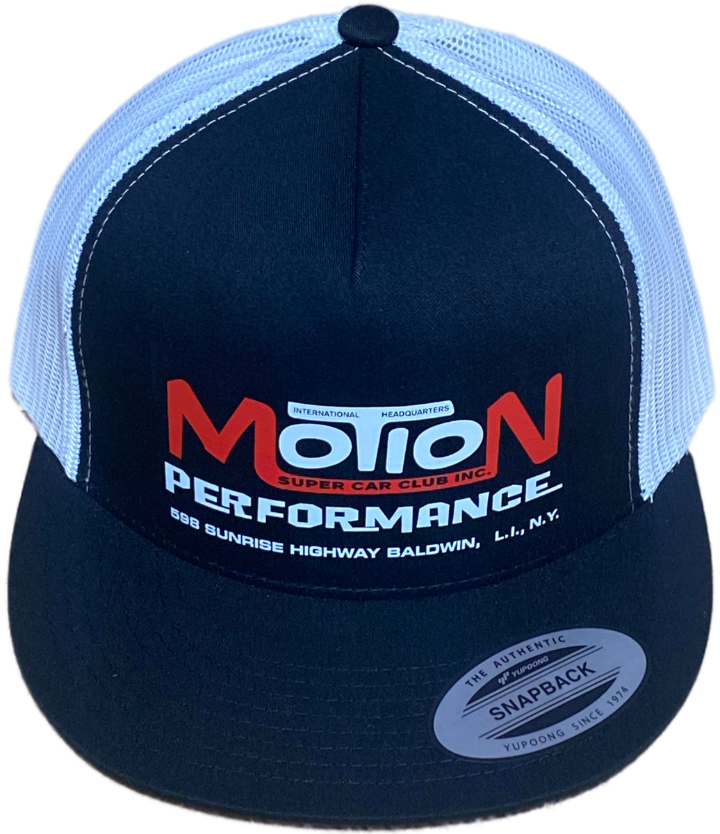 MOTION PERFORMANCE Baldwin NY Black/White Flat Brim Trucker Hat ...