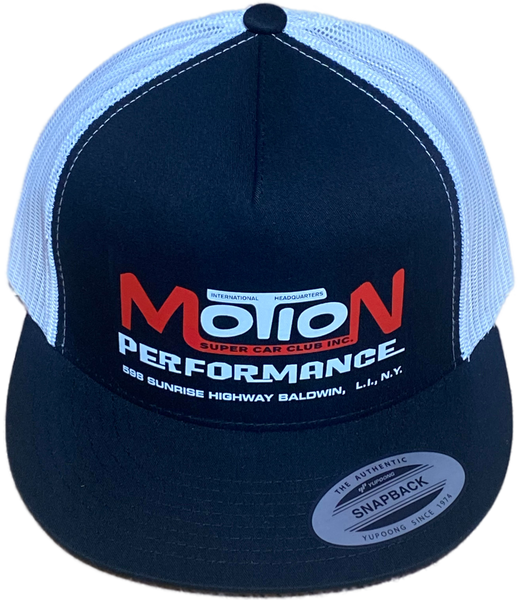 MOTION PERFORMANCE Baldwin NY Black/White Flat Brim Trucker Hat