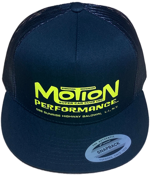 MOTION PERFORMANCE Baldwin NY Black Flat Brim Trucker Hat