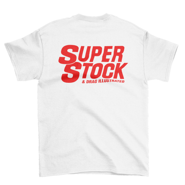 SUPER STOCK & DRAG Illustrated Magazine White Tee Red Print