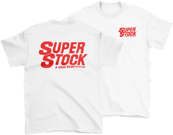 SUPER STOCK & DRAG Illustrated Magazine White Tee Red Print